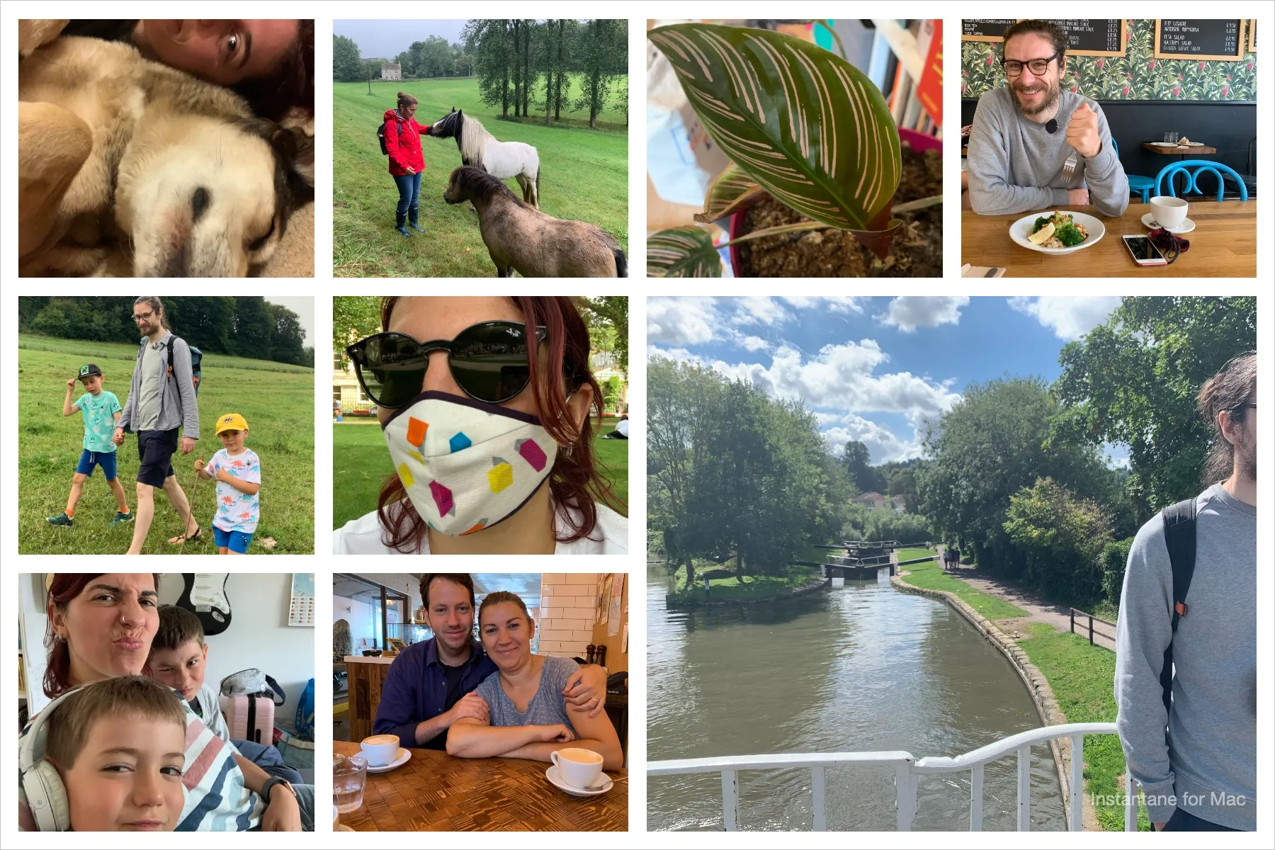 Collage of pictures: Gloucestershire countryside, my sister with a couple of ponies, Thom with my nephews, me cuddling Penny the dog, my calathea finally throwing a new leaf after struggling for forever, my newphews and I pulling faces, my sister and her husband, me with sunglasses and a face mask, Thom by the Bath canal on a sunny day.