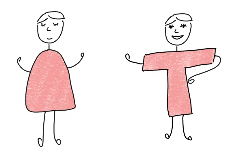 Before and after doodle: normal looking person to T shaped person