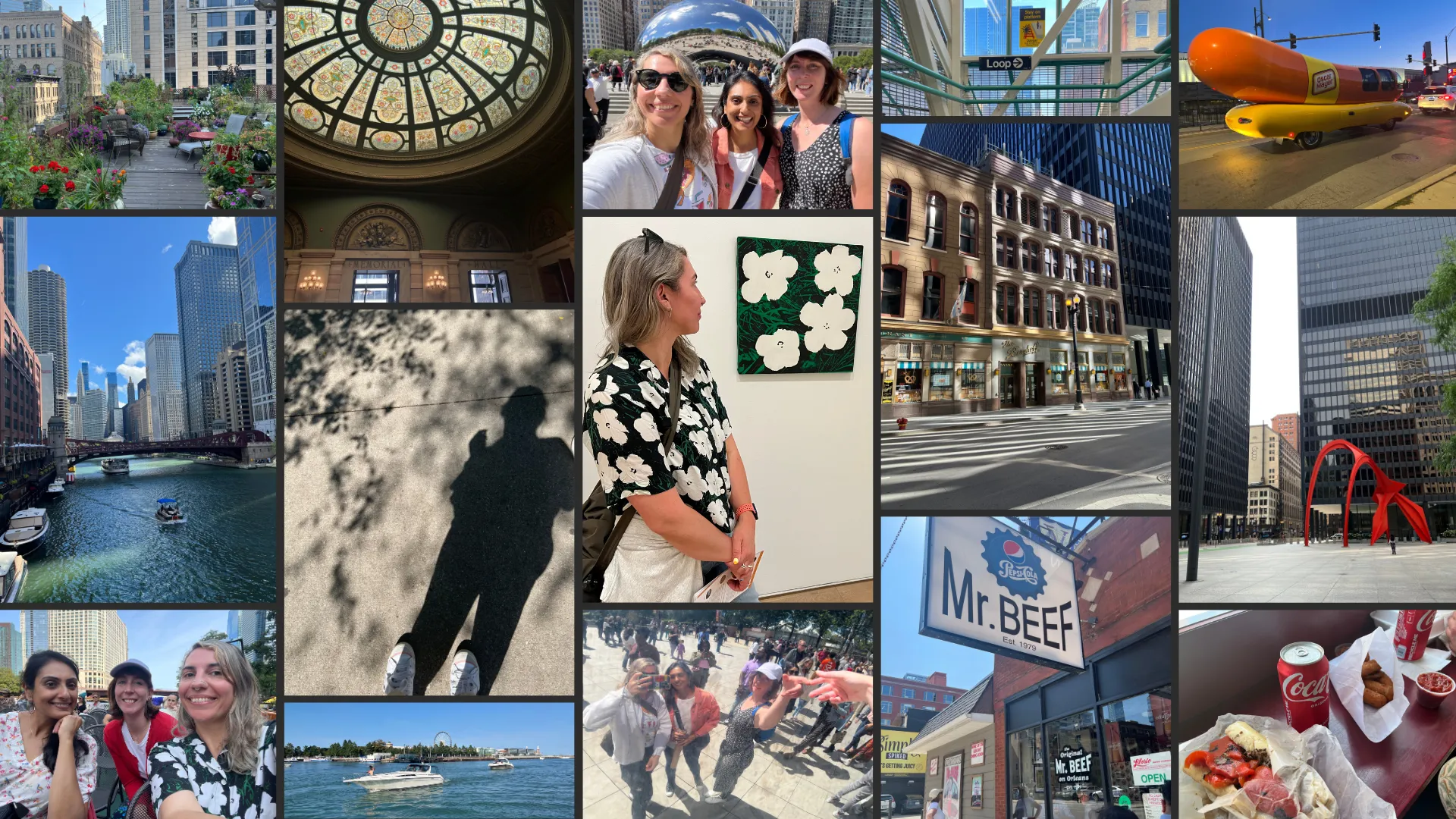 Collage of pictures from Chicago: The roof terrace of the AirBnb we stayed at in Chicago, it’s a lovely decked terrace with lots of plants and flowers all around; The really beautiful Tiffany's dome at the Chicago Cultural Centre; My friends Nisha, Rachel, and I posing in front of the bean in Chicago on a sunny day; The L train stop for the loop, you can see the rails of the station and you can see some of the tracks behind it; The Oscar Meyer Wienermobile, a ridiculous looking vehicle that looks like a hot dog; a view of the river from one of the bridges in Chicago, it’s a really sunny and clear day and you can see all the buildings around it and a few boats in the water; a picture I took of my shadow, you can see my feet and then my shadow in front of them and the slighlt dapples shadow of a tree branch; me posing in front of a canvas of the Chicago Art Institute, the artwork on the canvas is the same as the shirt that I'm wearing, they’re flowers from a Warhol print; a gorgeous old diner in Chicago; a sculpture by Alexander Calder that I spotted while in Chicago, you can see two tall black buildings in the background, and the sculpture is a bright red spider looking thing; my friends and I smiling on the boat for the architecture tour; a view from the water in Chicago, you can see some boats in the foreground and in the background, you can see the cities and trees and a Ferris wheel; my friends and I posing in the reflection of the bean; the front of the Mr. Beef shop; an Italian beef sandwich, a can of Coke and some mozzarella sticks at Mr. Beef.