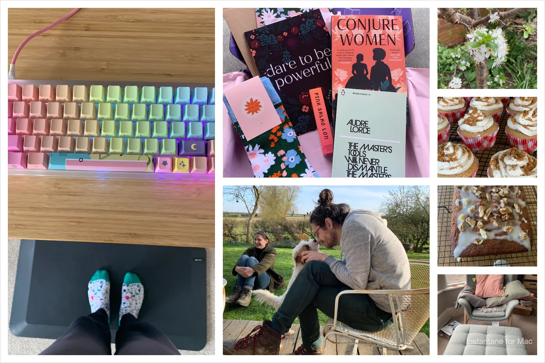 Collage of pictures: 1. my standing desk from above, you can see a rainbow keyboard, the edge of the desk, and underneath my feet on a mat; 2. my books that matter box, with a couple of books, some flowery socks, and a leaflet at the front that reads dare to be powerful; 3. Thom nuzzling Laika the dog, during a sunny day at the farm; 4. a bunch of white flowers in our cherry tree; 5. a tray of biscoff cupcakes, in red gingham wrappers; 6. a banana loaf, covered with icing and walnut pieces; 7. a mint armchair and footstool, which a grey wooly blanket and a couple of pink and green cushions on it.