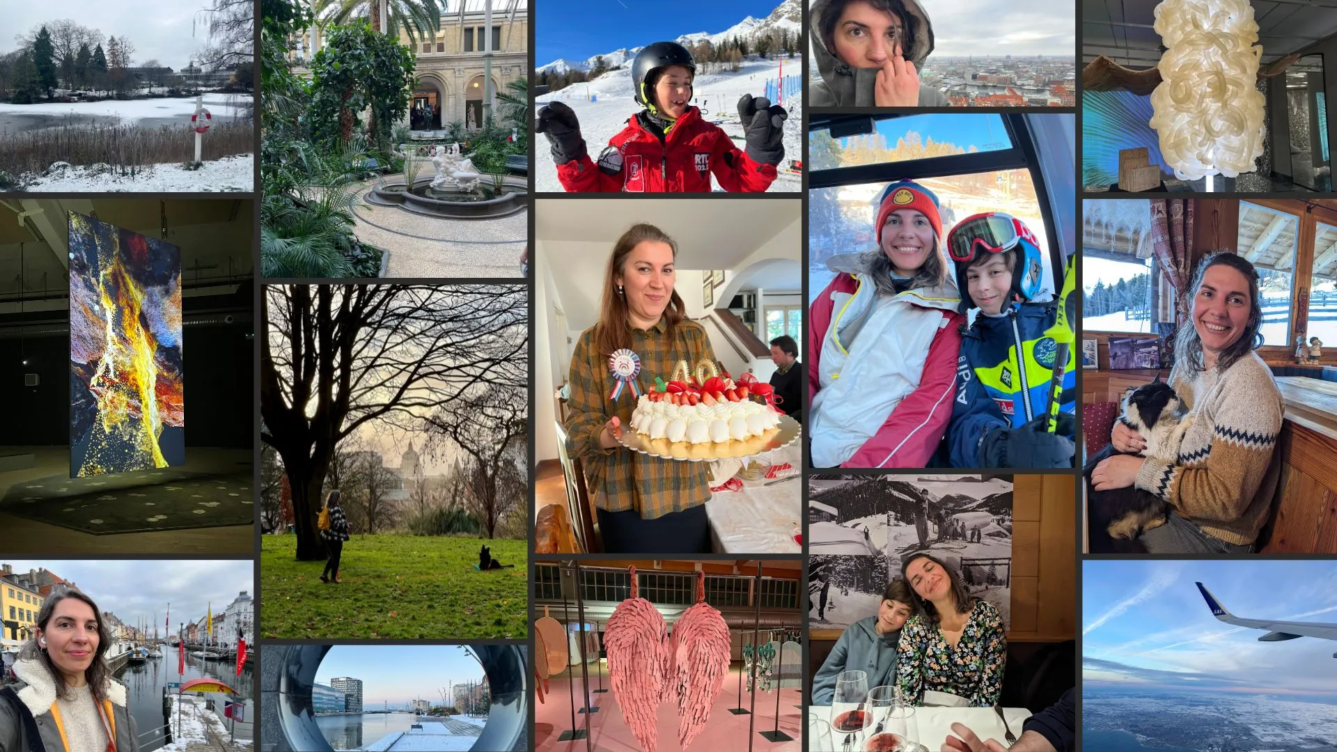 Collage of pictures from December: The snowy botanical gardens in Copenhagen, you can see the frozen lake, and at the back the main conservatory building; the winter garden at the Glyptoteket, a glass domed courtyard with lovely bushes and trees and a fountain in the middle, with a statue of a nude woman fighting some cursed babies; my youngest nephew Manuel posing with his ski gear on the mountain; my eyes poking out of my coat hood at the top of the spire on the church of our saviour in Copenhagen; a lampshade made out of cow intestines, in the Copenhagen design museum, it's a sort of clump of lit up beige wormy looking things; a big screen with a volcanic looking splash at the Copenhagen Contemporary; me throwing the ball to Juno, my dog, at our local park, you can see the Nottingham council house in the background; my lovely sister, holding her birthday cake with candles at the top that say 40; my oldest nephew Bruno and I on the way up the mountain on the ski lift; me in a restaurant in Peio, with the resident cat on my lap asking for pets; a selfie of me in Nyhavn, Copenhagen, the port with the colourful buildings; the Mälmo shore through a sculpture near the train station; two pink leather wings, from the guardian angels exhibit at the Copenhagen Contemporary; my nephew Bruno and I smiling at the dinner table; the wing of the SAS plane out of Copenhagen, you can see the pink blue sky and a bit Mälmo at the bottom.