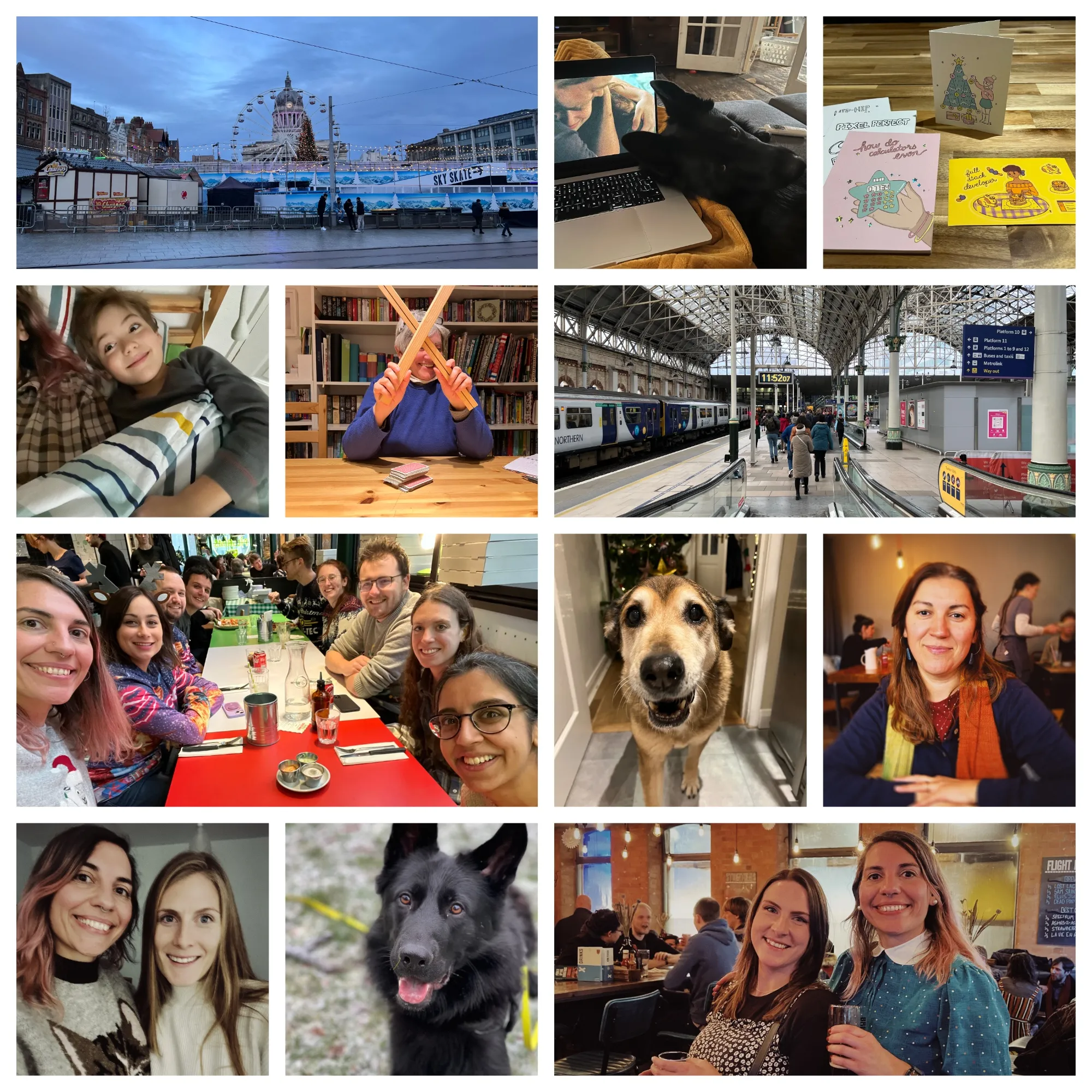 Collage of pictures from December: the Nottingham old market square, with the council house at the back, and the christmas market and ferris wheel at the front; Juno lying on my lap, looking at me, with his head leant on my laptop while i watched something; some lovely zines and christmas card i got as presents; my youngest nephew Manuel pulling a funny face while lying in bed with me; my mum hiding behind some wooden card holders; manchester piccadilly train station platforms; my work squad out for our christmas meal; my sister's dog, Penny, an elderly labrador and mastiff cross; my lovely sister, smiling; my friend Kelly and I, from when I went to see her in manchester; Juno looking goofy in the frosty park; Lex and I having a drink at Brewdog.