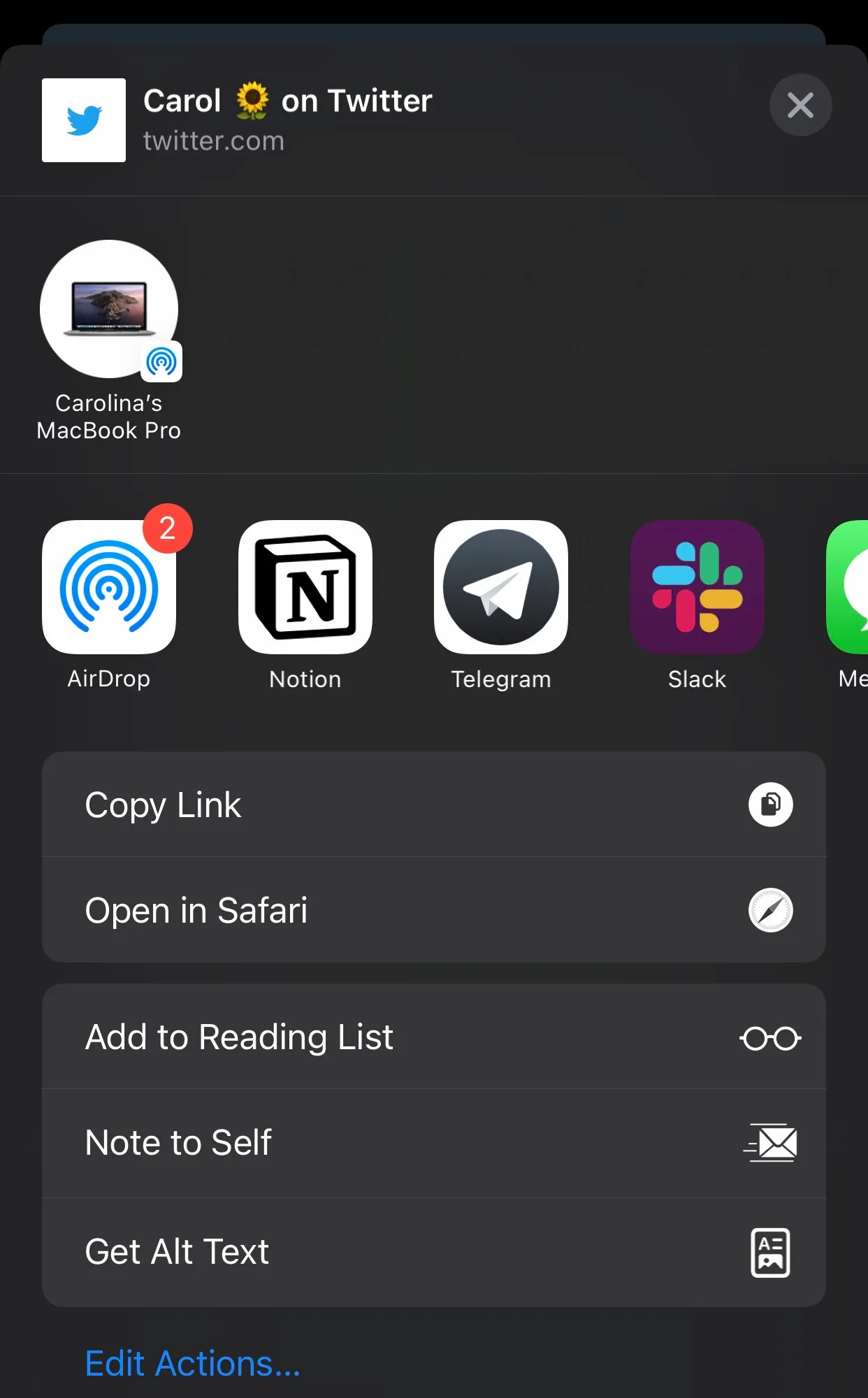 Screenshot of my share sheet, the last option is Get Alt Text.