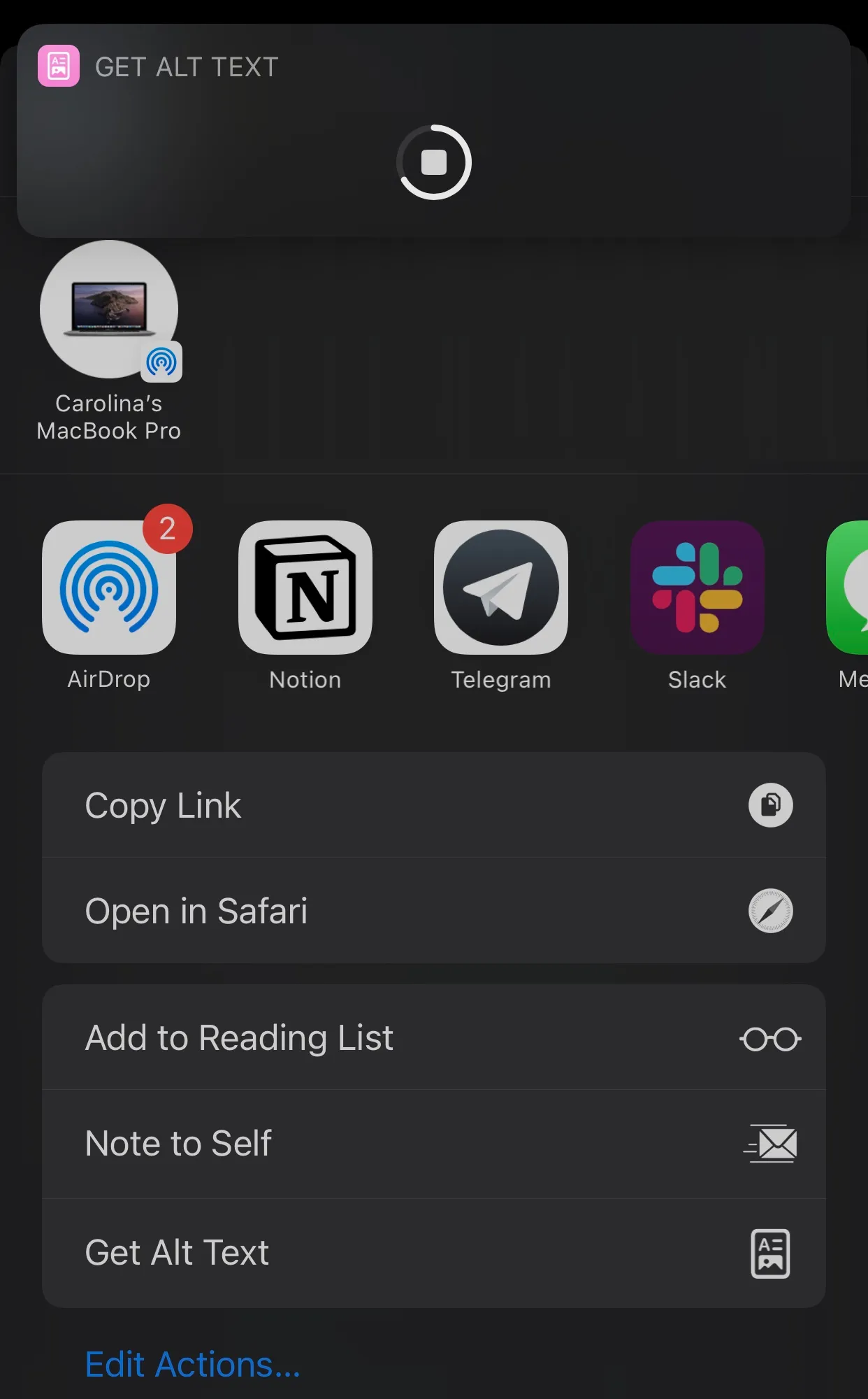 Screenshot of the the shortcut running, essentially a banner notification with the name of the shortcut: Get Alt Text and a progress spinner halfway through.
