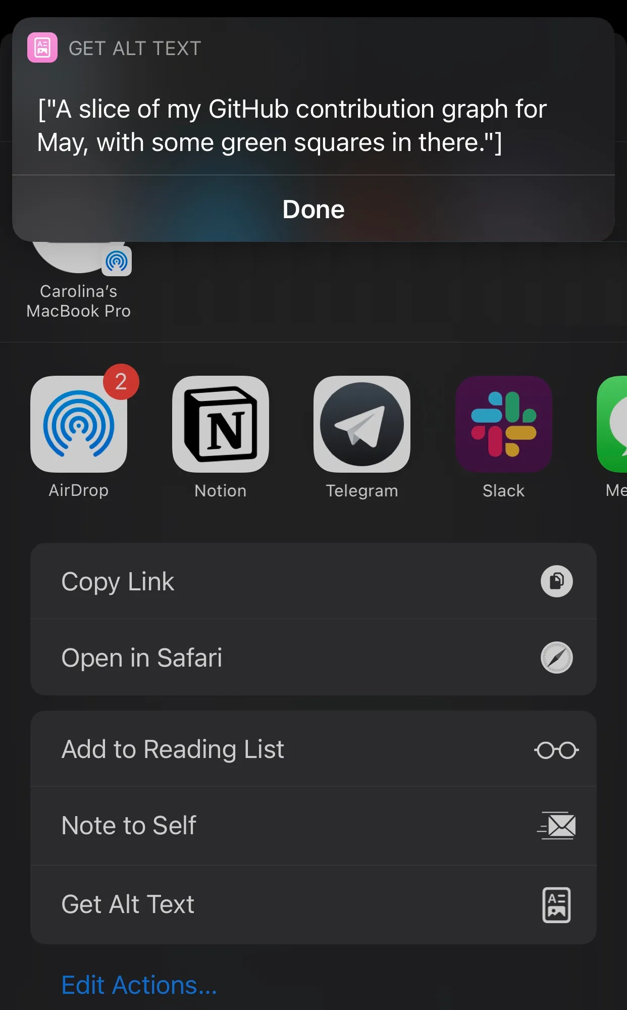 Screenshot of the result, the banner notification now shows the alt text retrieved from twitter.