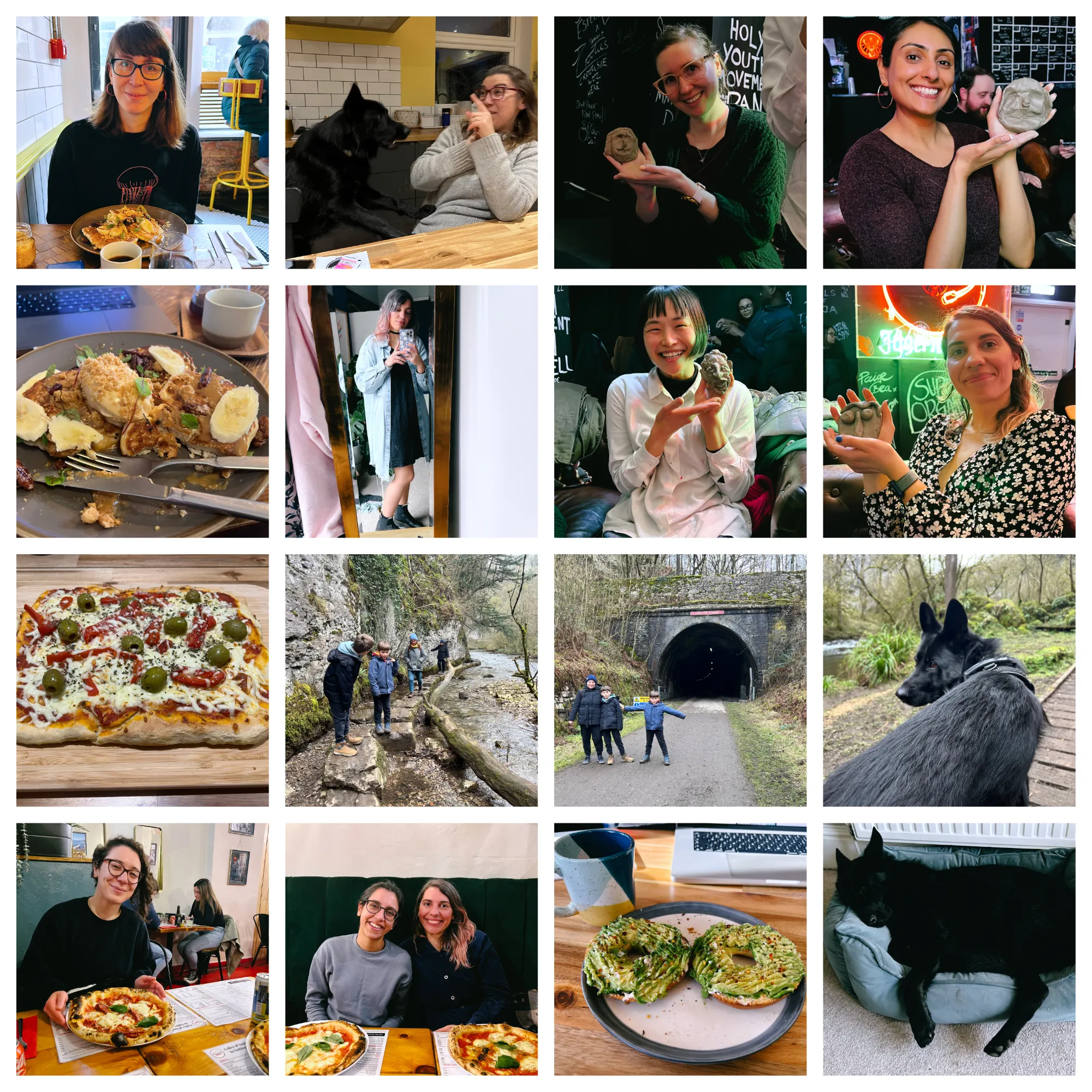 Collage of pictures from February: my friend Rachael with a plate of pancakes and coffee at Cartwheel Café; my sister telling off Juno while he jumps on her; my friends Anna, Nisha, Chie and I holding our clay creations (it was a blind sculpt game, so they're very wonky faces); my plate of pancakes, kinda half eaten; selfie of me in the mirror wearing a mostly black outfit and ripped denim shirt; a pizza i made; my nephews, mum and sister hopping along the Chee Dale stepping stones, in the peak district; my mum and nephews posing in front of a tunnel entrance in Chee Dale; Juno looking back at the kids while we walked in the woods; my friend Audrey smiling at the camera with her pizza; my friend Sharan and I posing with our pizzas too; some avocado on toast i made for breakfast; my dog Juno fast asleep on his bed that's in my office.