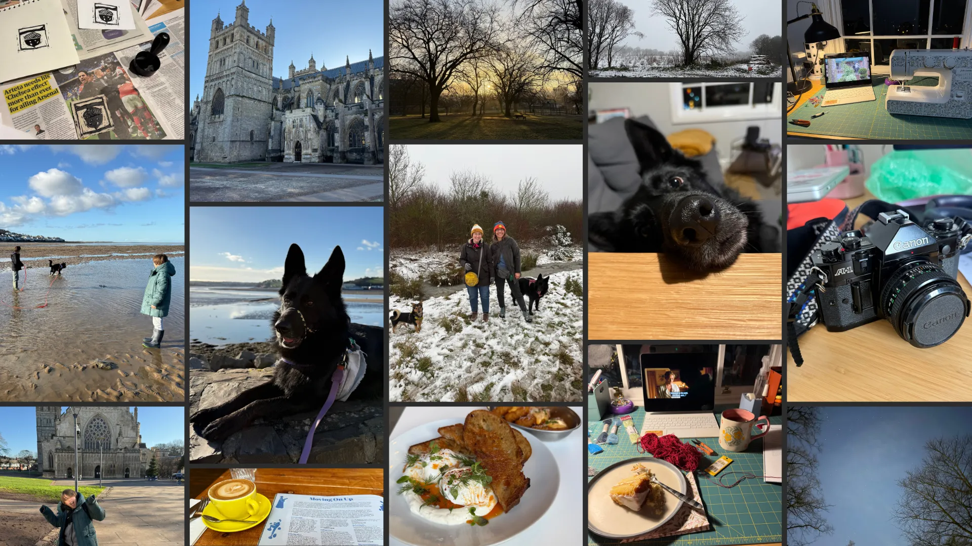Collage of pictures from January 2025: A linocut stamp with an acorn carved into it, and a few prints of it on some newspaper. My nephews at the beach with my dog Juno, a fluffy black German Shepherd. My nephew Manuel posing in front of Exeter cathedral, with a weirdly large grin on his face. Exeter cathedral from the side, a really ornate and a bit spiky stone building. Juno posing on top of a stone wall at the beach, you can see his sweet fluffy face up close, and the sea and some cliffs in the background. A table at a café, you can see a yellow mug with a latte and an open magazine. My local park in the morning, you can see a few trees with no leaves, and the sun starting to shine through from behind them. My friend Anna and I with our dogs on a walk. The field is snowed in and we’re all wrapped up. A plate of turkish eggs at a local café, you can see poached eggs on top of some yoghurt, the eggs are covered with dill and there are some sourdough slices on the side. Gravelly Hollow, a local woodland, covered in snow. Juno lookin up at the from the sofa, asking for cuddles. My crafting desk, you can see I’m watching something on my iPad, and there’s some red yarn, a cup of tea, and a slice of cake on the desk too. My crafting desk again, you can see my iPad next to my sewing machine. My new film camera, a Canon A-1, it’s made of black metal with the brand and model engraved in white. The night sky at my local park, you can see the tops of a few leafless trees, and the dark blue sky behind them with a few stars shining through.