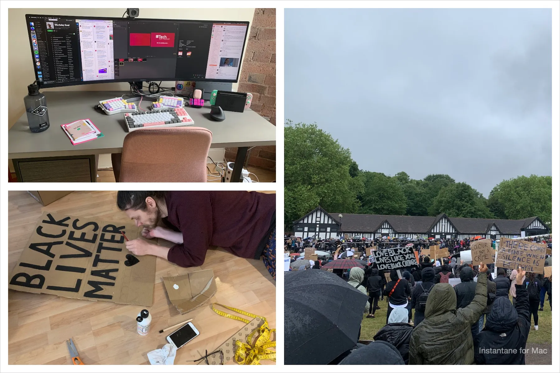 Collage of pictures: my desk, Thom painting a sign saying Black lives matter, the BLM protest in the Forest Park.