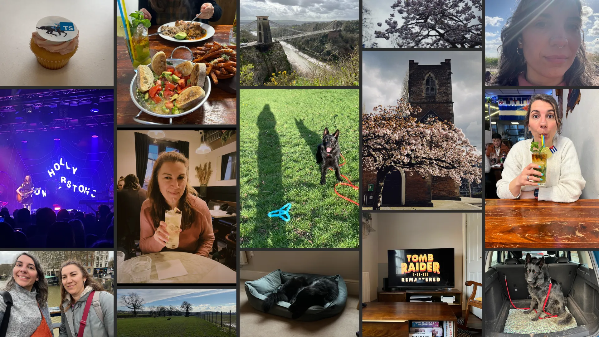 Collage of pictures from March: A cupcake with a topper that shows a horse with the TypeScript logo instead of a head, AKA the TypeScript migration horse, from our work party where we celebrated finishing the migration; a table of delicious Cuban food from Café Cuba in Bristol; the Clifton suspension bridge in Bristol on a cloudy day; a blossomed cherry tree at my local park; a selfie of me in the sunshine, you can kinda see my face against the sun but not very clearly; Holly Humberstone on stage at the O2 in Leicester singing and playing guitar; my sister smiling and holding a cocktail at Filthy XIII in Bristol; my dog Juno in the sunny park, waiting for me throw his blue triangle toy, you can see my shadow next to him; a local church clock tower with a lovely cherry blossom tree in front of it, on a sunny day; a picture of me sipping on a mojito at Café Cuba in Bristol; selfie of my sister and I when we got to Bristol; a landscape picture of a dog field in Derbyshire; Juno asleed on his bed, curled up cutely; the loading screen for the remastered Tomb Raider I on my TV; a muddy Juno sat on his bed in the boot of my car, back from running on a muddy field.