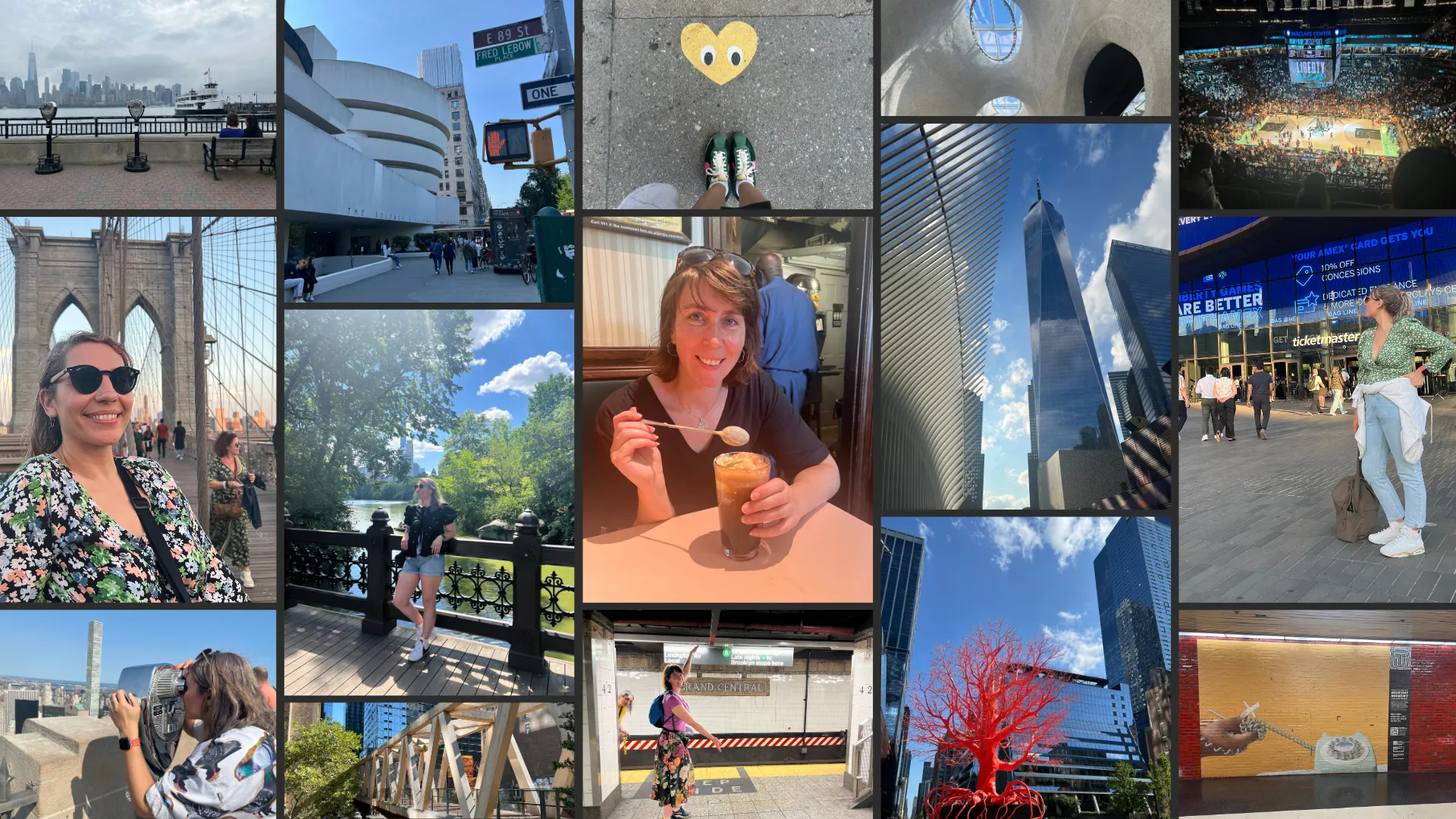 Collage of pictures from New York: A view of the Manhattan skyline from New Jersey, you can see two of those observations thingys you put coins and look through, and on the right you can see my friends sat on a bench looking at the view; the front of the Guggenheim museum in New York, a massive spiral shaped concrete building; my feet wearing green trainers and in front of them a yellow heart with eyes, painted on the pavement; the inside of one of the atria in the Natural History Museum in New York, a part of the building that looks a lot like a wasp nest in its structure, it’s sort of rough concrete with round windows here and there; a view of the New York Liberties game at Barclays Arena in Brooklyn; me posing in front of the Brooklyn bridge, wearing sunglasses and a flowery top; me again, in front of a bridge in Central Park, on a beatifully sunny day, you can see the lake and the trees in the background, and I’m wearing denim shorts and a black top; my friend Rachael smiling with her cream soda made from scratch at Lexington Candy Shop; a view of the One World Trade Center, with the spiky bits in the foreground; me stood in front of the Barclays Arena, ready for the game; me looking through one of the observation thingys on top of Rockefeller Center; a cool footbridge in the High Line; my friend Rachael doing a silly pose in the Subway, and Nisha’ head is poking out from behind a pillar; the red tree sculpture on the High Line; a cool mural of a hand holding the coiled cable of a landline phone..