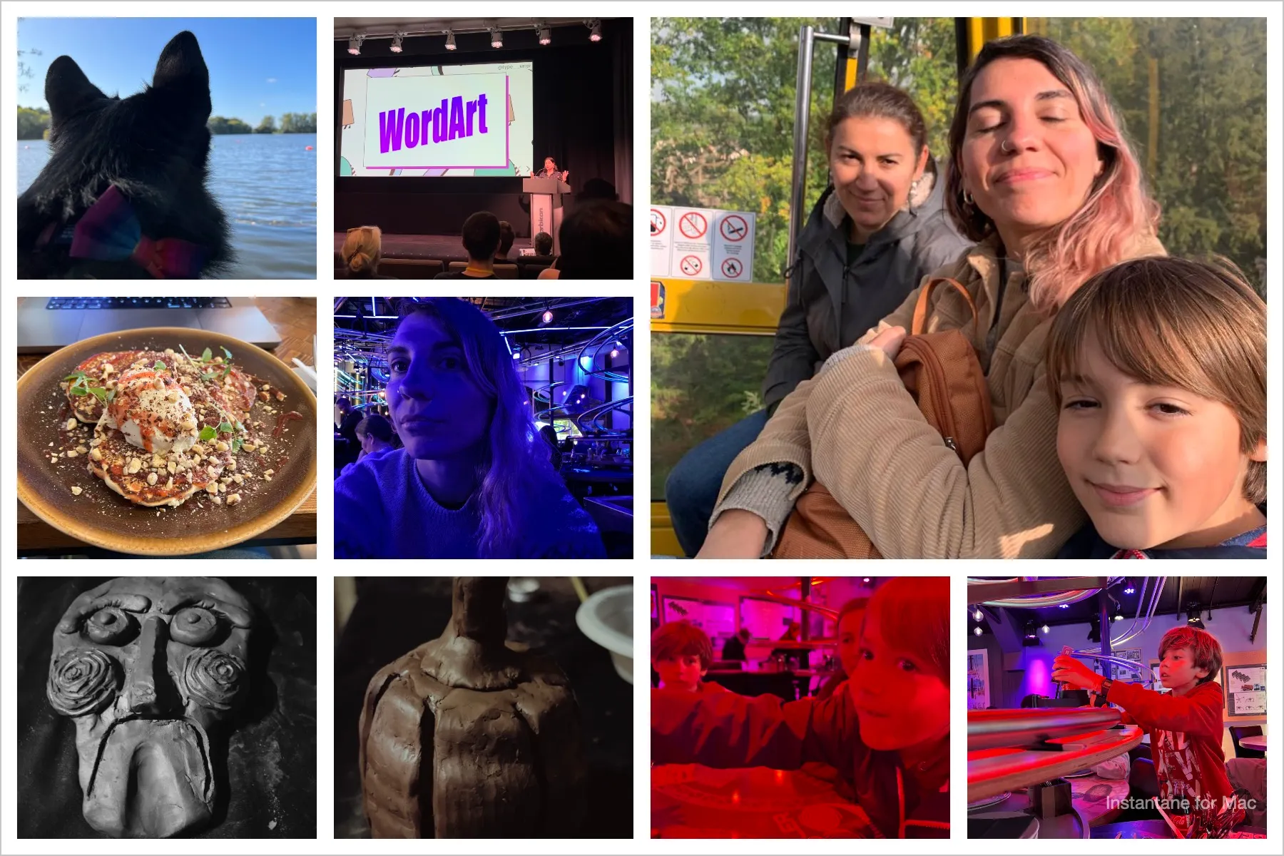 Collage of pictures from October: the back of Juno's head as he looks onto a lake, you can see his rainbow bow tie; Sophie Koonin speaking on stage at State of the Browser, the slide on screen has a pink wordart of the word wordart; a plate of pancakes with mascarpone, strawberry compote and toasted hazelnuts; a selfie of me at the rollercoaster restaurant, with an intense blue light; a dodgey ceramic mask of jigsaw from the saw series of films; a bell pepper looking ceramic pumpkin; my nephews at the rollercoaster restaurant, with an intense red light; my sister, younger nephew and I in the cable car at alton towers, enjoying the sunshine.