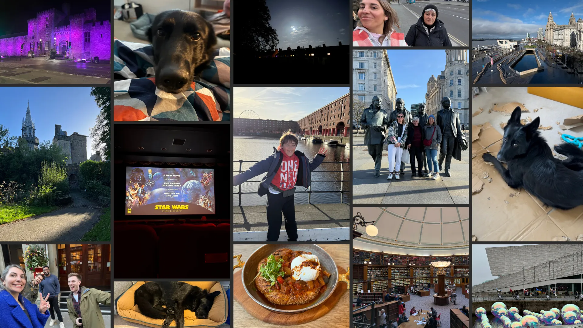 Collage of pictures from October 2024: Cardiff castle lit up in purple lights at night; a close-up of Juno lying on a patchwork blanket, looking up at the camera with his big brown eyes; the full moon visible in a dark cloudy sky above a row of houses in my local park; Cardiff Castle seen from the grounds on a sunny autumn day, surrounded by trees and a gravel path; a cinema screen showing the Star Wars trilogy listing — A New Hope, The Empire Strikes Back, and Return of the Jedi; a selfie of my mum and I smiling at the camera outdoors, I’m in a pink checked jacket; my nephew Manuel in a red 'One New York' t-shirt standing in front of the Albert Dock in Liverpool, arms spread wide; my mum, sister, and I posing in front of the Beatles statues on the Liverpool waterfront; the view of the Liver building area of Liverpool Juno lying on his yellow dog bed, fast asleep; a delicious plate of shakshuka; the stunning circular reading room of Liverpool library, with floor-to-ceiling bookshelves and people sat at tables below; a selfie of a few work friends and I, outside our hotel in Cardiff; Juno lying on the floor surrounded by chewed-up bits of cardboard, looking very pleased with himself; the exterior of the Liverpool museum with iridescent bubble-like sculptures outside.