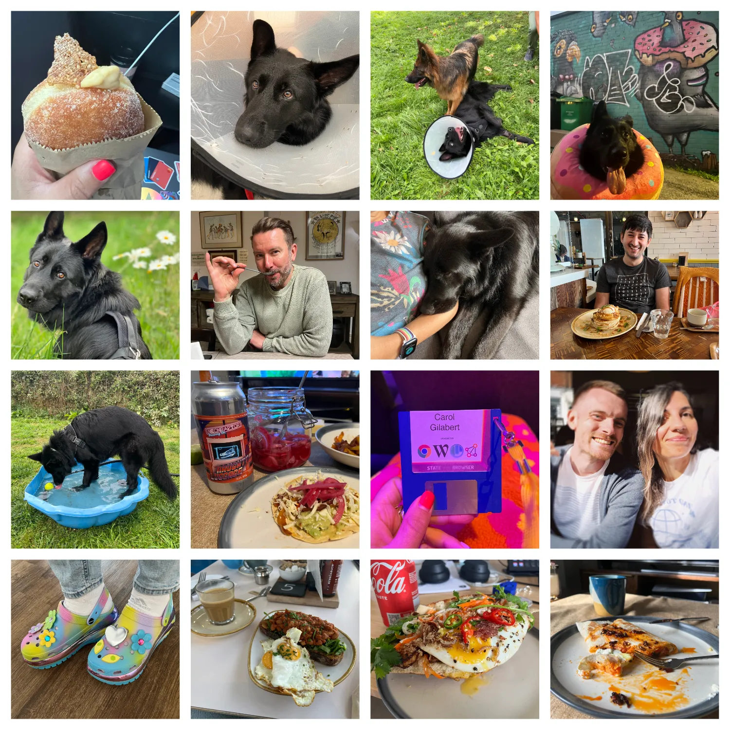 Collage of pictures from September: a delicious praline doughnut I got in bakery next to Victoria coach station; my dog Juno, a fluffy black german shepherd looking dejected wearing a cone; Juno wearing his cone and playing with his friend Grace, a fluffy brown and caramel german shepherd, in the picture Grace is standing over Juno, who's lying on the grass looking slightly crazed; Juno wearing a pink inflatable doughnut that looks like a doughnut, sat in front of a grafitto of a pigeon with a pink doughnut around its neck; Juno sat in the park looking backwards at the camera, looking super shiny and cute; my friend Chris, a white man with blonde and grey hair and beard, eating yummy korean food; Juno asleep with his head on my arm; my friend Jamie, a mixed white indian man with short black hair, sat in a café with a coffee and a stack of delicious pancakes; Juno stood with all paws inside a blue paddling pool, drinking from it; a plate with a roast veg taco on it, you can see a jar of pickled onions and a can of beer on the table too; a blue floppy disk with my name on, which was the lanyard for State of the Browser conference; a selfie of my friend Hayden, a white man with reddish blonde hair, and I, basking in the sunshine; my super jazzy lazy oaf crocs, they're platforms with a lime green to blue tie dye effect with big flower and heart charms on; a plate of jackfruit beans on toast with a fried egg and a coffee, from my local café Blend; an incredible looking garlic tofu Bahn Mi, from my local vietnamese bakery; my coffee table, you can see a cup of coffee and a plate with a breakfast wrap covered in chili crunch.