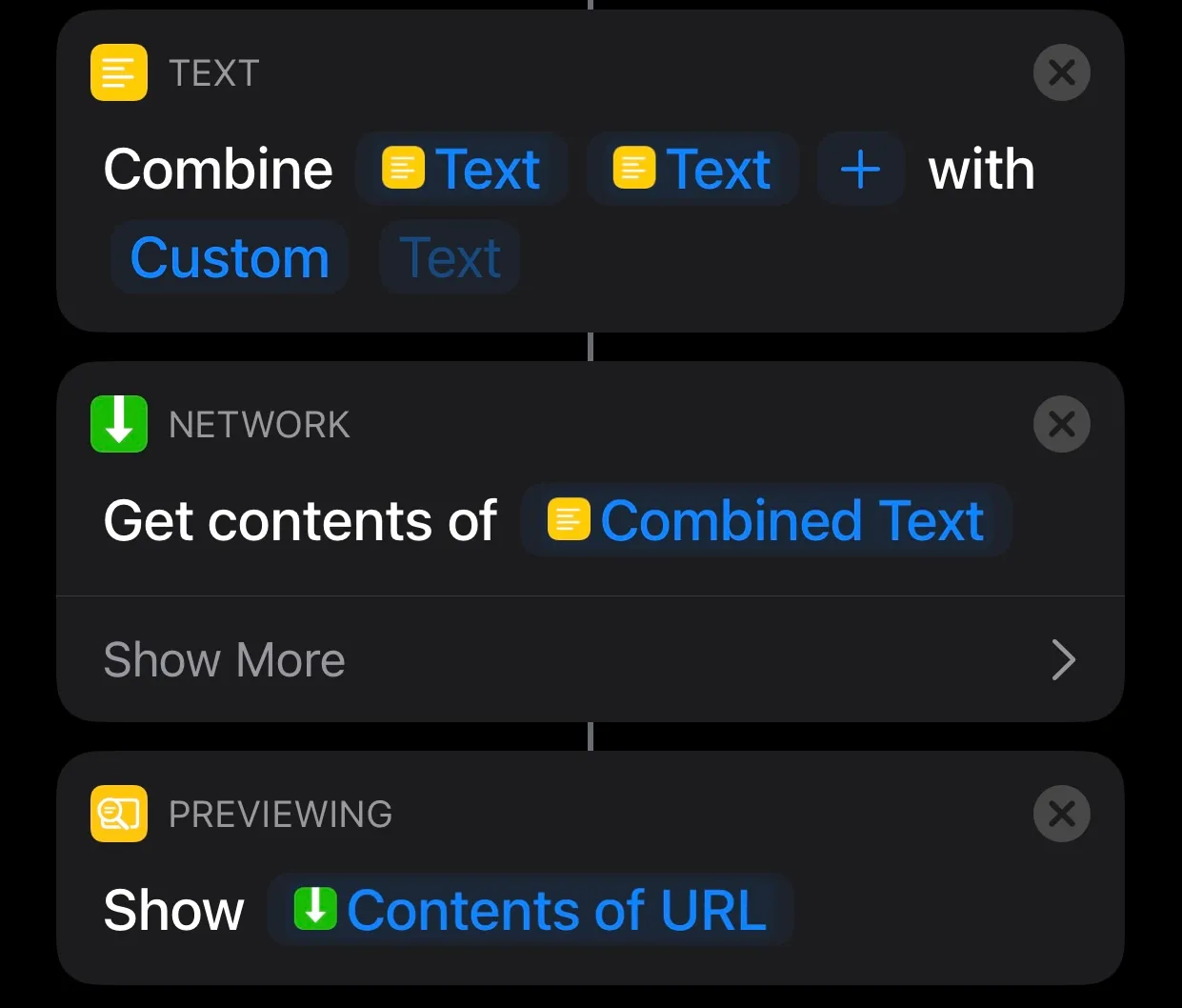 Another screenshot of the rest of the shortcut editor screen, in this one you can see the last three blocks: the fourth one is a Combine Text block, where I'm combining the URL from the previous step with the ID we got out of the RegEx back in step two; the fifth one is a Get Contents block, which makes a get request to our combined URL; and the final block is a Show Result block, which displays the response from our get request.