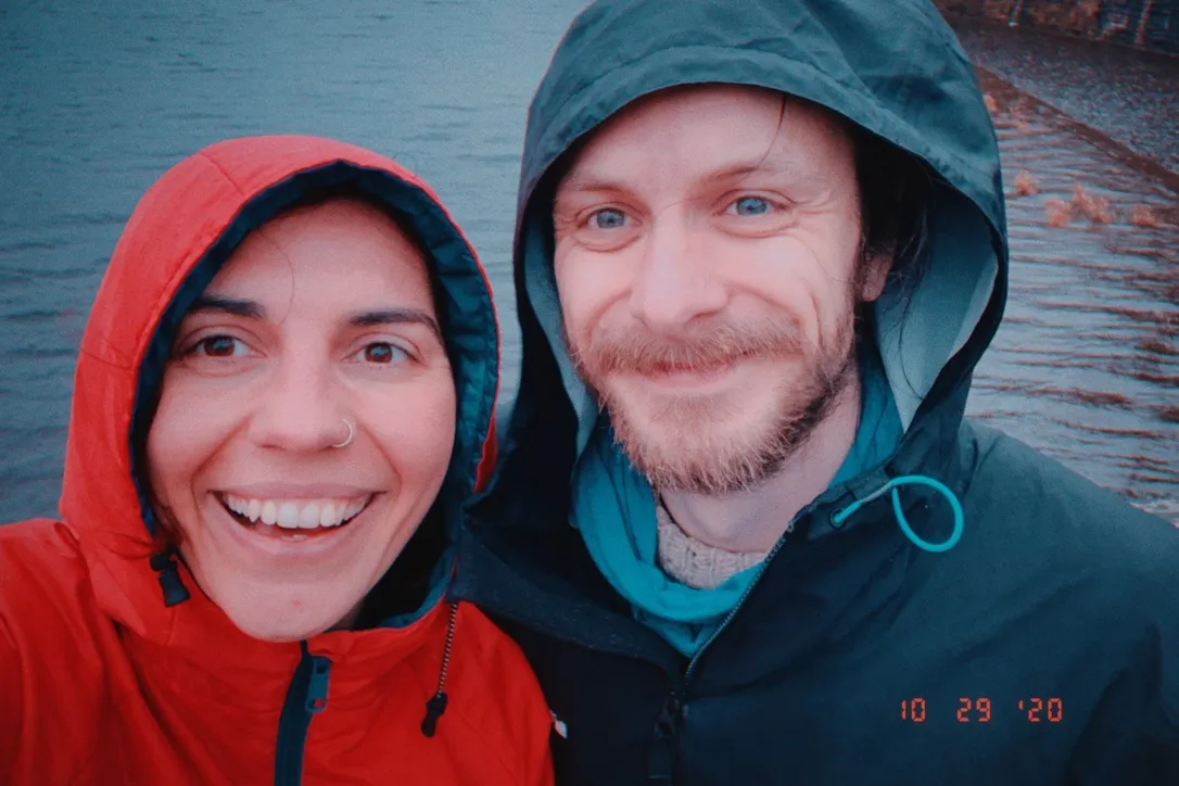 Thom and I having a soggy stroll by Talla Reservoir