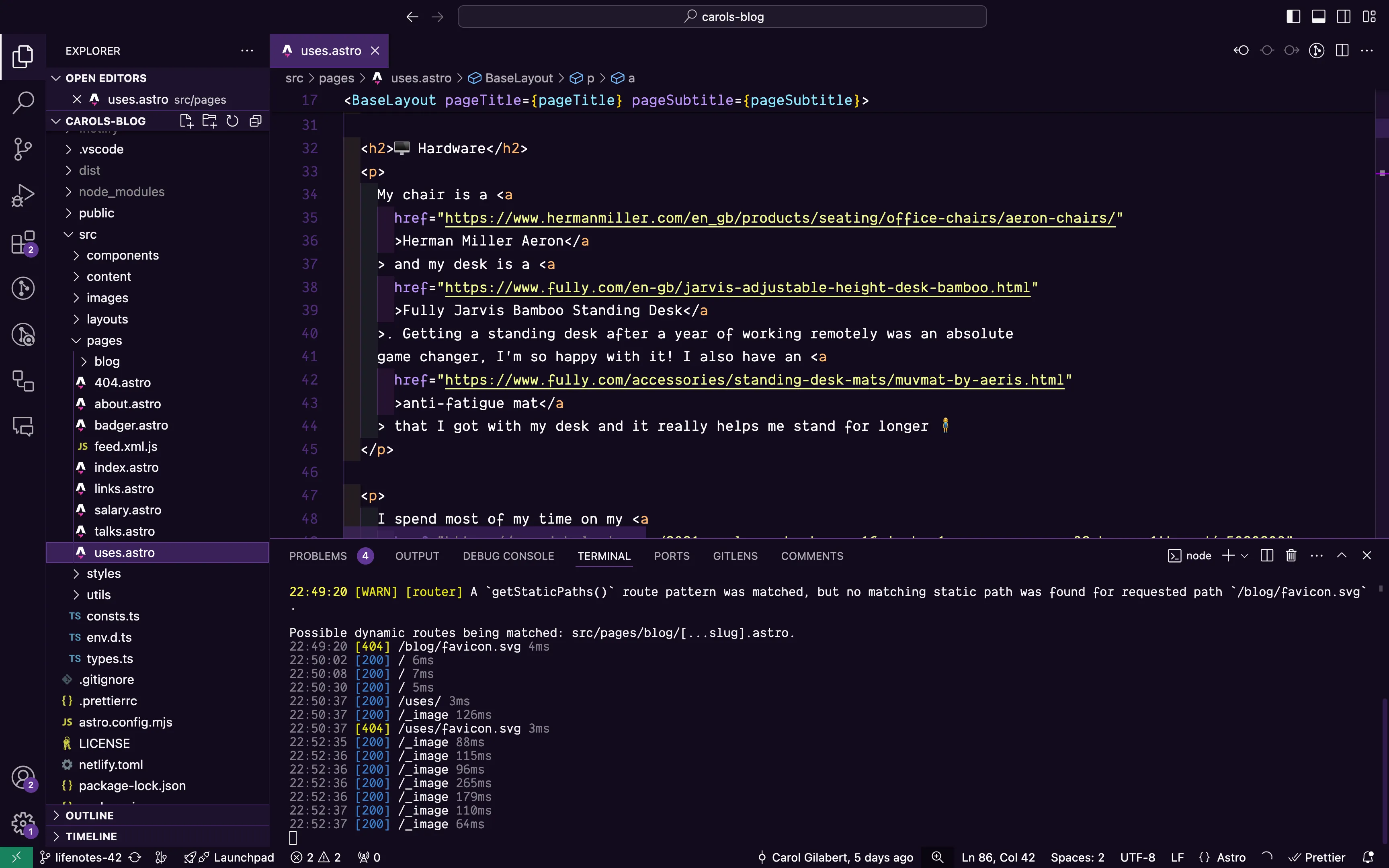 A screenshot of VSCode, the theme is purple with yellow, pink and red fonts in places. The font is a modern looking monospace.