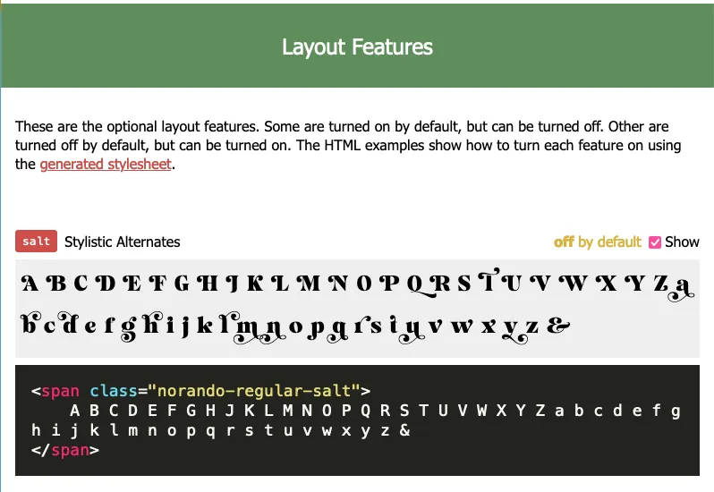 Screenshot of the Norando font output in Wakamai Fondue, there's a section describing the layout features of the font, and a box with all the stylistic ligatures on all the glyphs.