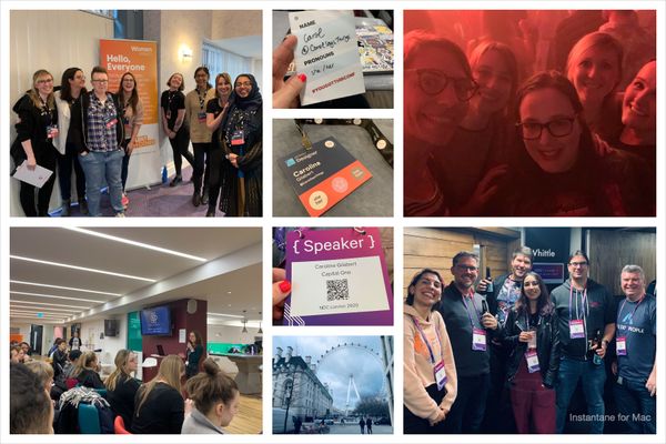 Collage of pictures: a few of conference badges, the london eye, a group picture from the rave, a group picture from the women in tech takeover at new adventures, a group picture with all the Nottingham friends at NDC London.