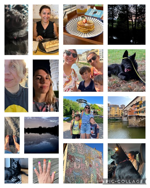 Collage of pictures from August: Juno looking goofy on my bed; my sister smiling across from me at a restaurant; a stack of pancakes and an iced coffee in a cafe in Florence; the sunset through some trees; little selfie at the beach; selfie next to the tower of Pisa; group pic with my sister and nephews by the Arno in Florence; Juno looking extra goofy in the park, with a ball in his mouth and his lead falling over his head; my feet on the sand at the beach, with a wave washing over them; Colwick lake lit by moonlight; my nephews and I at the water park; the Ponte Vecchio in Florence; Juno laying on the rug by the kitched door looking shiny; my colourful summer manicure; a Keith Haring mural in Pisa; Juno and Thom sitting in the car.