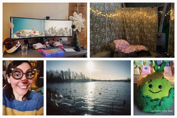 Collage of pictures: my desk with some Christmas decorations, me wearing rudolph glasses, the swans in Attenborough nature reserve, a little felt brussel sprout decoration, the big shed with patterned sheets for walls, fairy lights, bales of hay for seats, and a homemade wood burner.