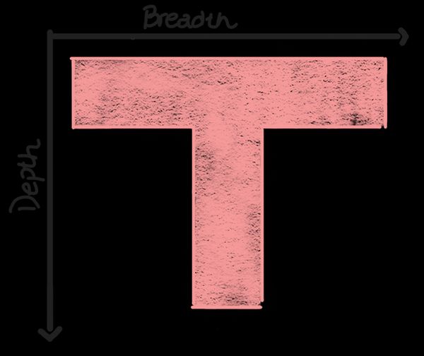 Graph of breadth vs depth of knowledge: T shape (broad but deep in one key area)