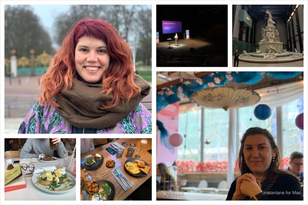 Collage of pictures: my friend Marisa, the stage at Frontend North, a statue in Tate Modern, lovely tables of food, my sister.