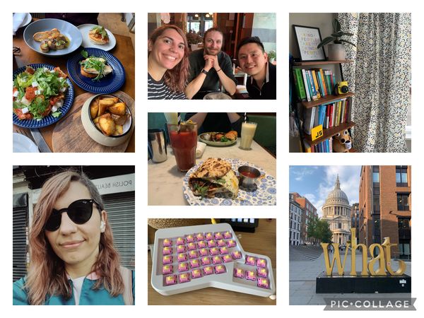 Collage of pictures from September: a selfie of me on back to office day; a couple of pictures of delicious food; Thom, our friend Huai and I at a restaurant in London; the curtains I sewed for my office; half of my ergodox keyboard with new banana split switches; Saint Paul's Cathedral in the background with a big sculpture in the foreground of the word what.