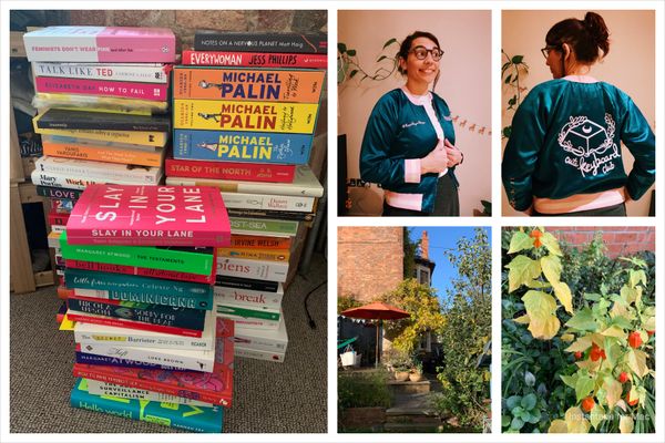 Collage of pictures: 3 piles of unread books, me wearing my new cute keyboard club satin jacket, the garden on the house we're buying.