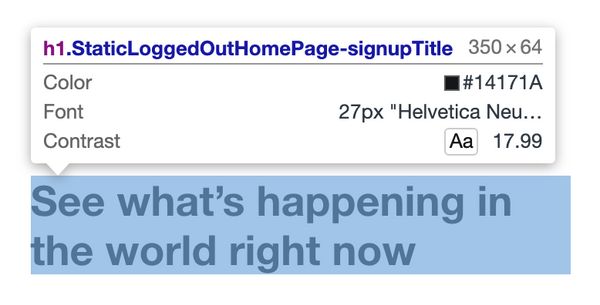 Screenshot of Chrome DevTools: hovering over a piece of text shows font colour, contrast and other useful information