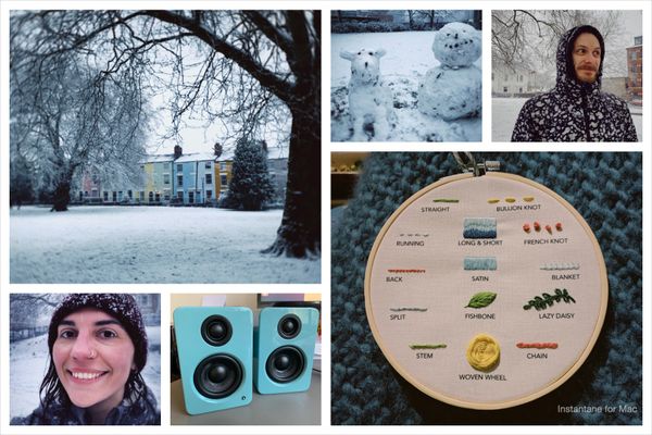 A collage of pictures: a portrait of Thom in the snowy park with his hood up; a selfie from when I was covered in snow in the park; a picture of our local park, all white except for the colourful row of houses behind it; the snow person we built and their snow dog; my new desk speakers, teal coloured and cute; and lastly my first finished embroidery hoop, a sampler with lots of different sections to practice each different stitch.