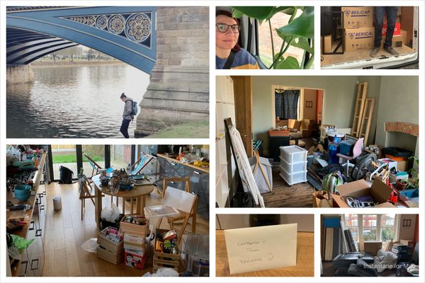 A collage of picture: first one is Thom by the river trent, under Trent Bridge; there's a couple of us with the moving van, one of Thom loading boxed and one of me in the van with a big plant on my lap; the rest are of the new house chaos, you can see the kitchen and both living rooms filled with stuff on the floors.