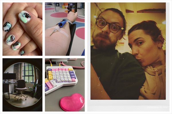 Collage of pictures: my nails with an abstract art motif, my arm with a needle on during a blood donation session, my keyboard with new jelly wrist supports, Thom and I chilling on the sofa.