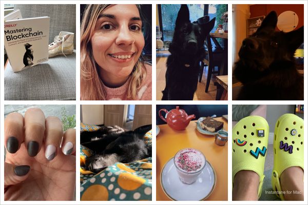 Collage of pictures from September: one of my trainers, a nike hi top, sat on an armchair reading a book titled mastering blockchain; a selfie of me wearing a pink jumper and smiling; Juno sat in the kitchen looking very shiny against the garden doors; Juno in the living room, barely visible on the low light; my manicure, matte dark grey nails, with two matte nude nails that have a silver tip; a cafe table where you can see my lavender latte, decorated with dried flowers, and my friend's teapot and slice of cake; a pair of bright yellow crocs, with little retro charms, including a floppy disk and an old mobile phone.