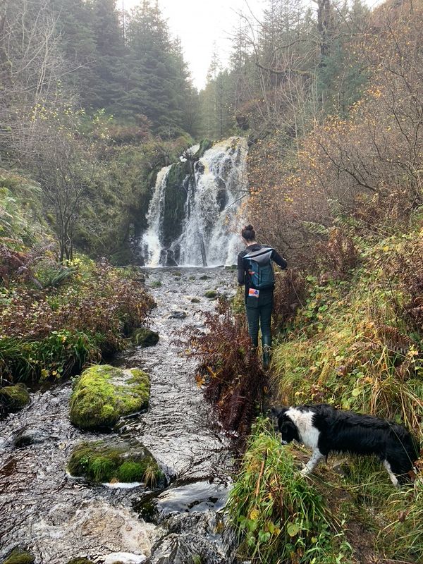 Thom and Merlot by Wolfcleuch Waterfall, in Craik Forest