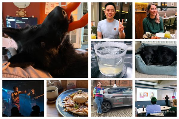 Collage of pictures from March: Juno, my black german shepherd, lying on top of me on the sofa, he's staring up directly at the camera with a toy in his mouth; my friend Huai smiling and making a peace sign with his hand; a picture of me, sat at a restaurant, looking slightly awkwardly at the camera and wearing a dark green knit jumper; a cocktail, mostly transparent served on a tumbler with a salt rim and a big square ice cube; baby Juno curled up on the blue dog bed in my office; a rock band on stage, you can see the vocalist and guitarist; a plate of incredible looking pancakes, topped with bananas, caramel, pecans and a dollop of mascarpone; me standing awkwardly next to my driving instructors car holding my pass certificate; Lex speaking at Frontend Sheff, she's at the front of a room and her slide has some pictures of her.