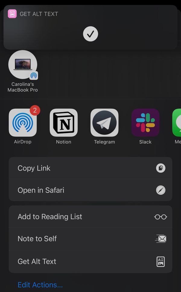 Screenshot of the completed shortcut: the banner notification now has a tick on it.
