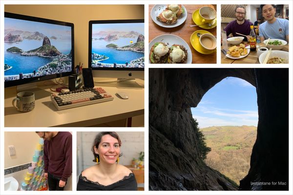 Collage of pictures: my desk with an iMac and an external monitor, Thom and Huai in a noodle restaurant, a table with 2 plates of poached eggs and 2 coffees, Thom stood next to a toilet paper pyramid, me smiling with my lightning earrings, the Derbyshire countryside through a cave opening.